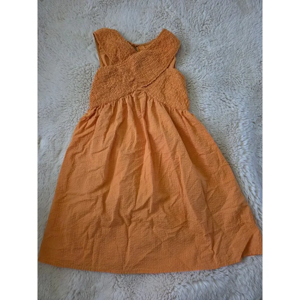 ZARA Textured Smocked Orange Cross Front Sleeveless Dress 13-14 years
